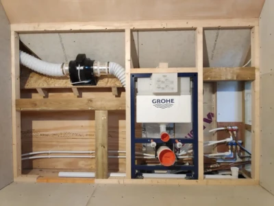 Mal's pre-finished ventilation design, concealed toilet frame and plumbing pipework